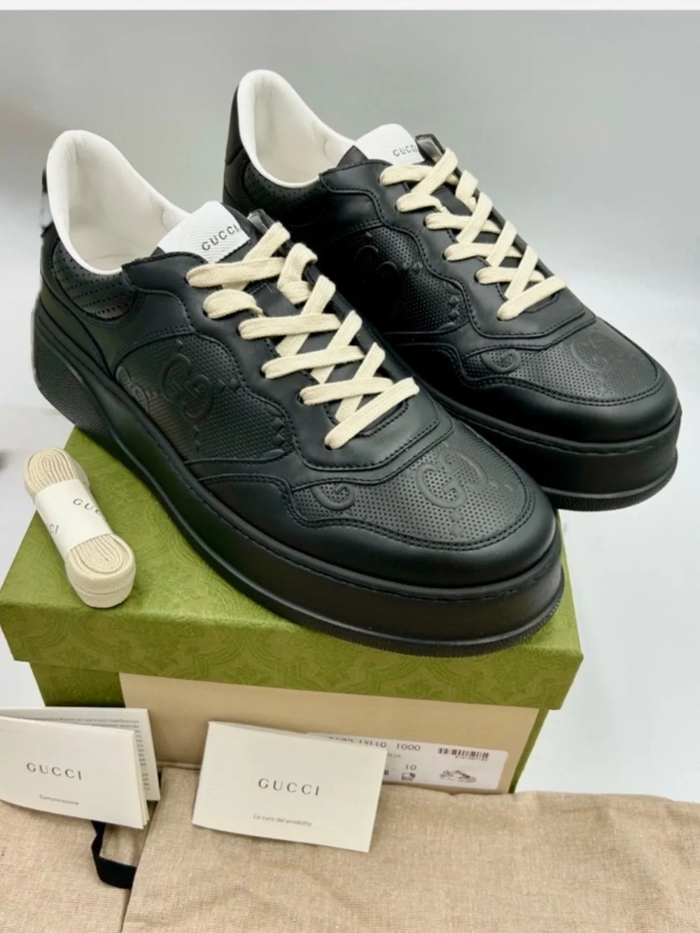 Men’s Gucci GG Embossed Black Leather Sneakers.  Size 10.(fits 10.5.)